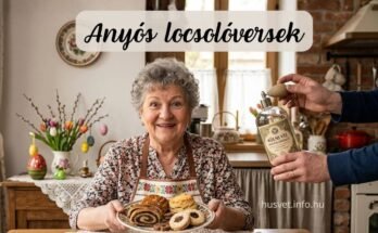 húsvéti locsolás, anyós kezében egy tál süteménnyel. A kép szélén egy vő keze látható, amint egy nagy, régimódi kölnisüveget tart.