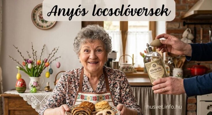 húsvéti locsolás, anyós kezében egy tál süteménnyel. A kép szélén egy vő keze látható, amint egy nagy, régimódi kölnisüveget tart.