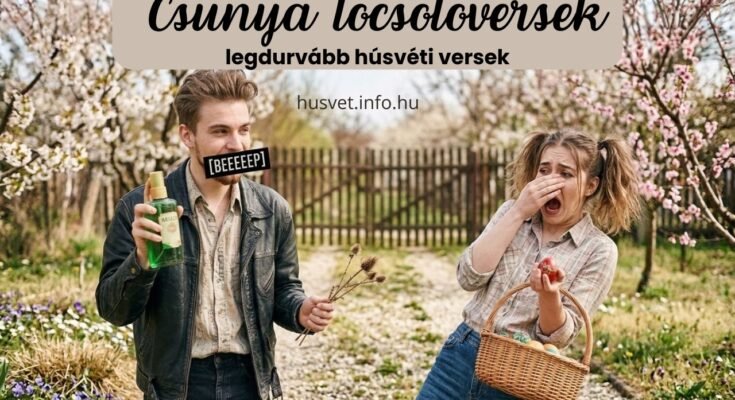 Vicces húsvéti locsolkodás: cenzúrázott locsoló fiú és elborzadt lány egy tavaszi kertben. Kreatív illusztráció csúnya locsolóversekhez és humoros húsvéti tartalmakhoz.