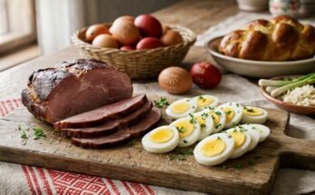 húsvéti tojás főzése, húsvéti asztalon szeletelet főtt tojás, sonka, kalács
