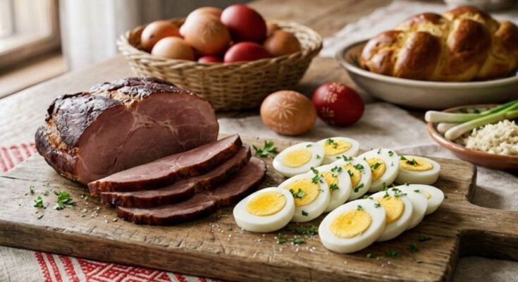 húsvéti tojás főzése, húsvéti asztalon szeletelet főtt tojás, sonka, kalács