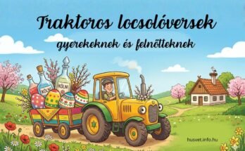 sárga traktor tavaszi tájban, pótkocsiján hatalmas festett húsvéti tojásokkal, barkaágakkal és kölnis üvegekkel traktoros locsolóversek, traktoros húsvéti versek