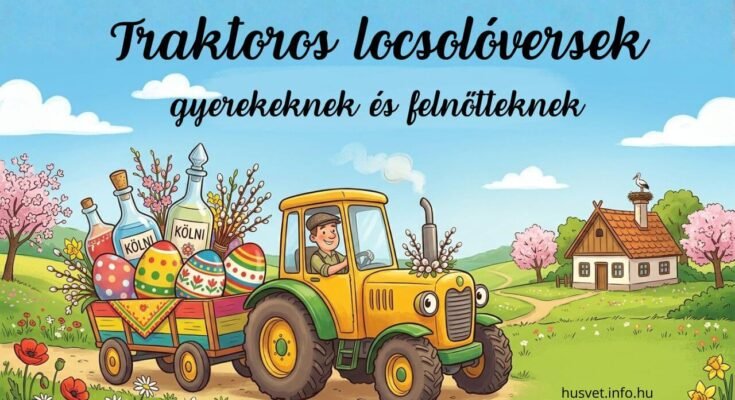 sárga traktor tavaszi tájban, pótkocsiján hatalmas festett húsvéti tojásokkal, barkaágakkal és kölnis üvegekkel traktoros locsolóversek, traktoros húsvéti versek